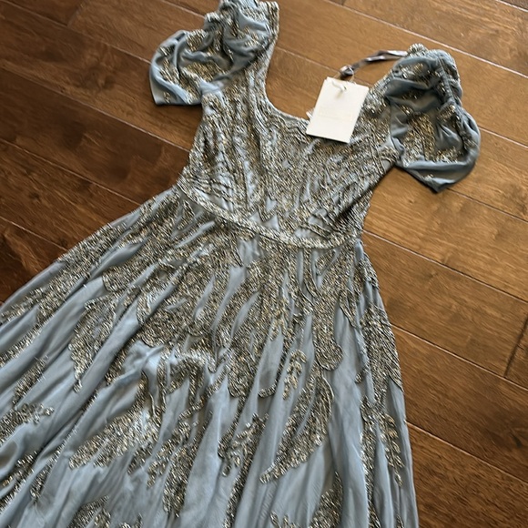 Mac Duggal 5434 Short Sleeve Silver Slate Blue Beaded Tea Length Dress Sz 8 NWT - Picture 6 of 14